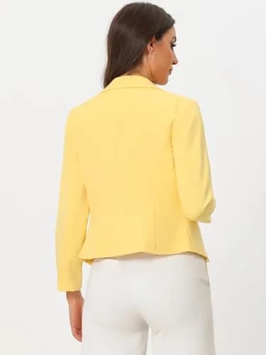 Allegra K Women's Open Front Crop Suit Blazer Medium Yellow-Solid | Lightweight Summer Office Wear thumbnail 4
