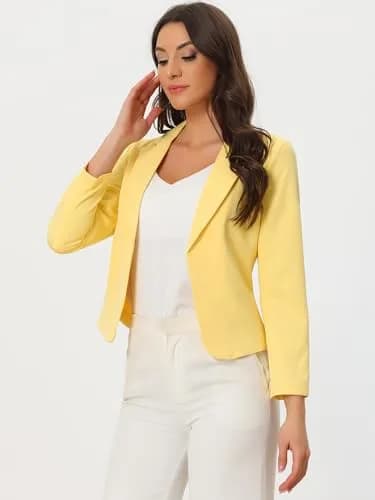 Allegra K Women's Open Front Crop Suit Blazer Medium Yellow-Solid | Lightweight Summer Office Wear thumbnail 2