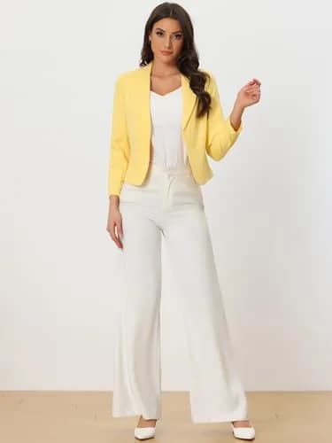 Allegra K Women's Open Front Crop Suit Blazer Medium Yellow-Solid | Lightweight Summer Office Wear thumbnail 3