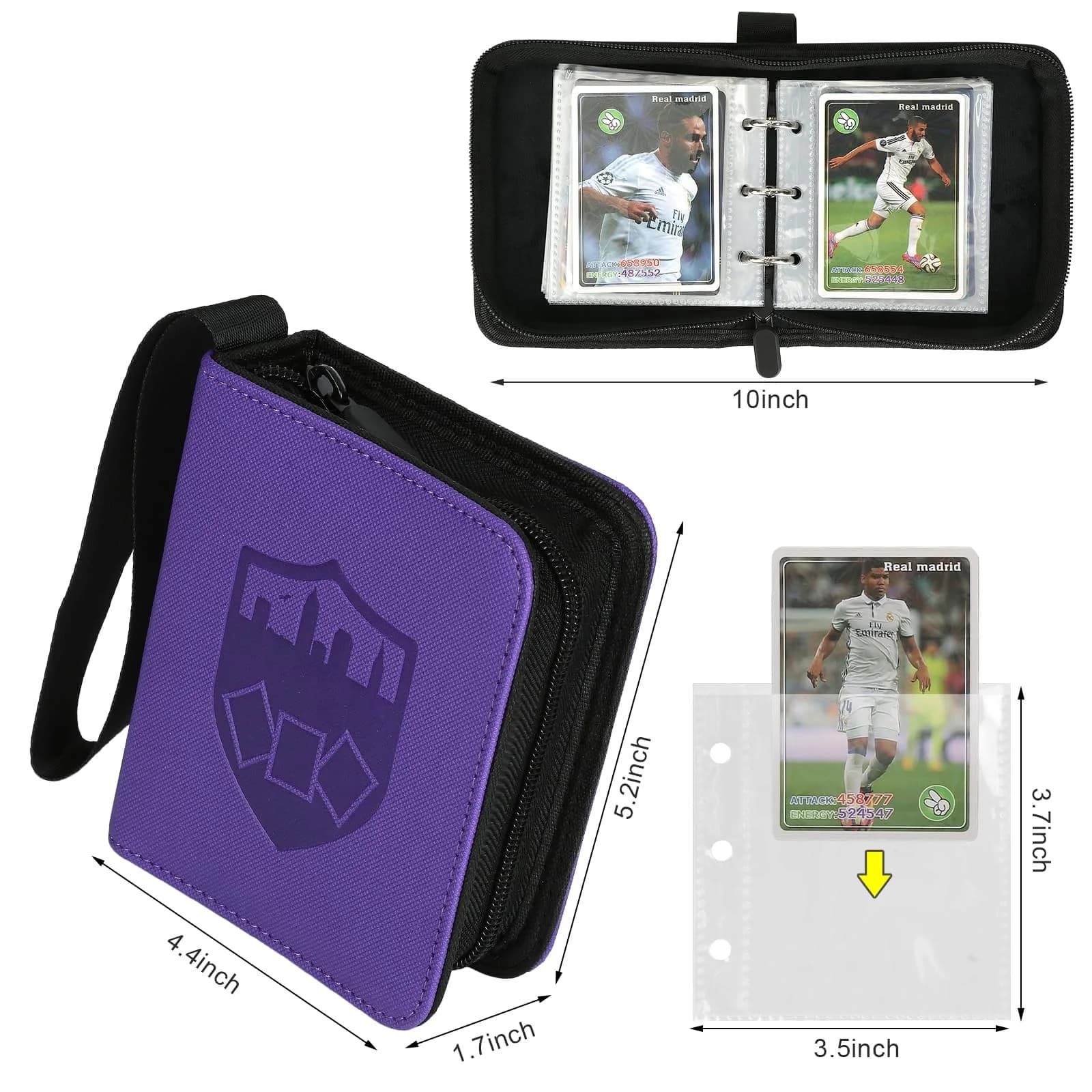 GERMUN 360 Card Ringless Binder, PU Zipper Fixed Page Album for TCG Sports Cards (Orange, 20 Pages) — 1 Pocket 80 / Diamond Purple