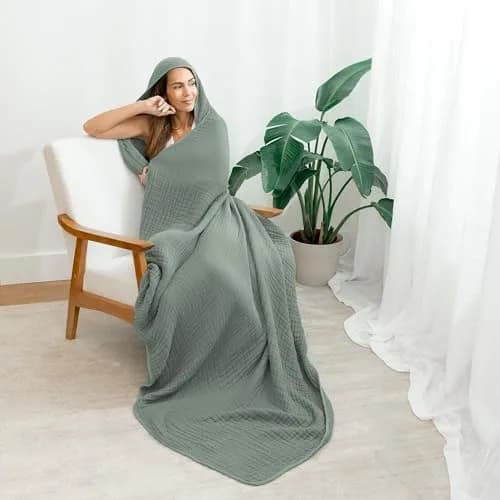 Comfy Cubs Adult Hooded Towel - Large 58'' x 58'', Soft, Absorbent, Stylish Dual-Function Muslin Towel Hoodie for Bath, Relaxation, and Everyday Use - Fern thumbnail 3