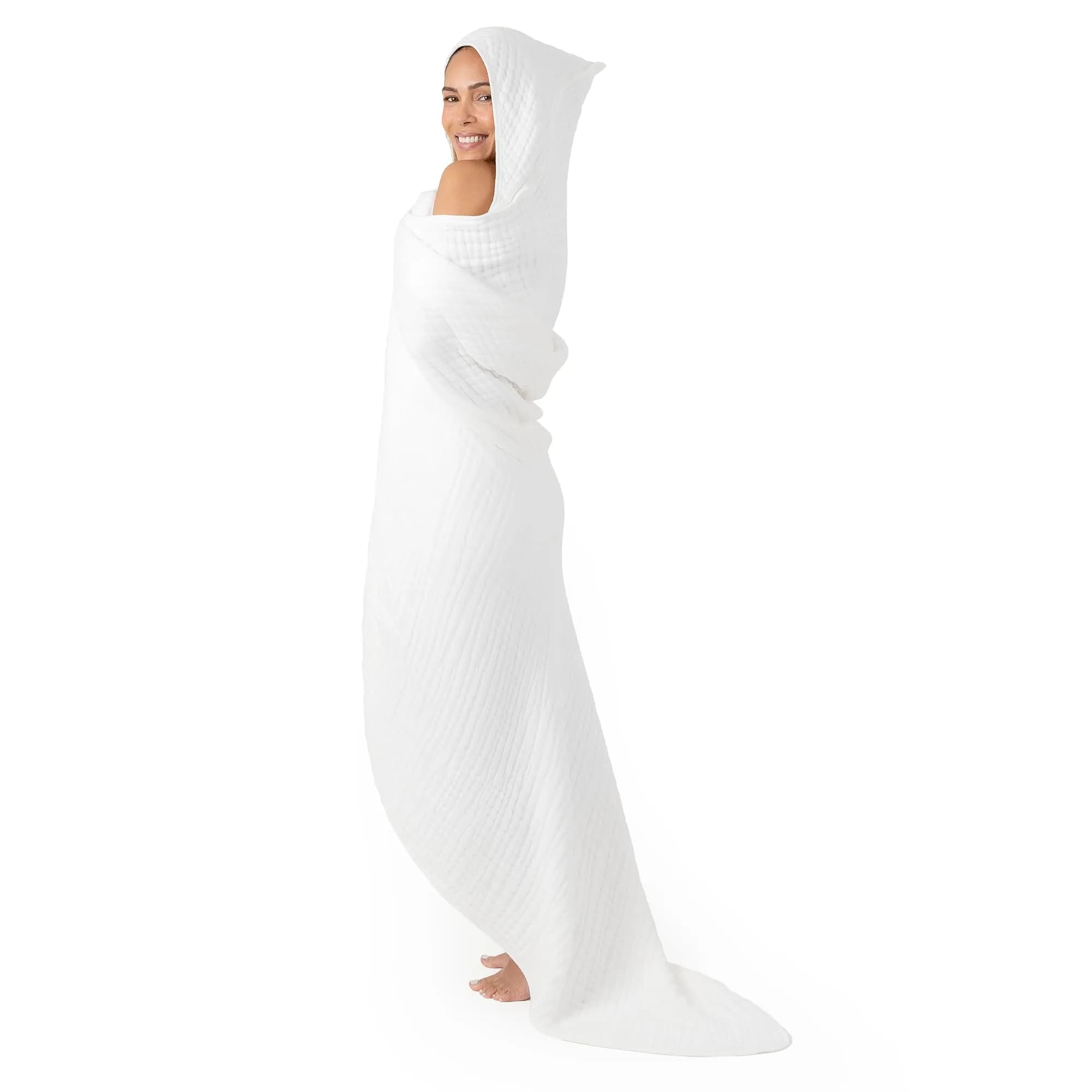 Comfy Cubs Adult Hooded Towel - Large 58'' x 58'', Soft, Absorbent, Stylish Dual-Function Muslin Towel Hoodie for Bath, Relaxation, and Everyday Use - White — White