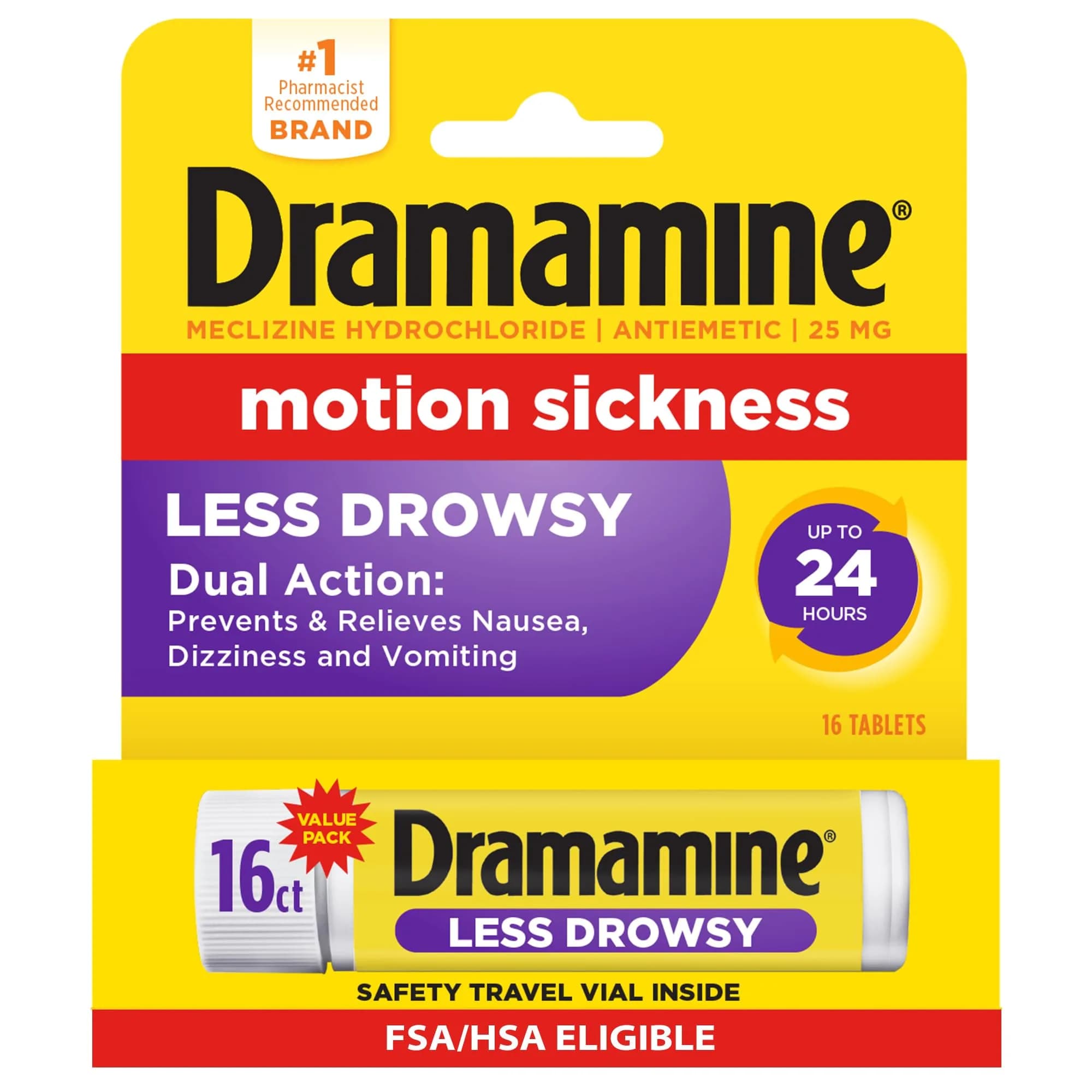 Dramamine Less Drowsy Motion Sickness Relief Tablets 16 Count (Pack of 1) | Prevents & Treats Nausea, Dizziness, Vomiting for 24 Hours - main product image