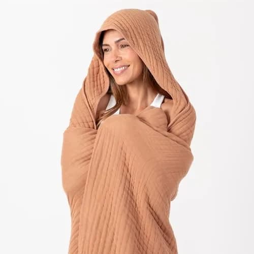 Comfy Cubs Adult Hooded Towel - Large 58'' x 58'', Soft, Absorbent, Stylish Dual-Function Muslin Towel Hoodie for Bath, Relaxation, and Everyday Use - Caramel thumbnail 2