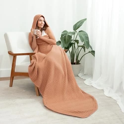 Comfy Cubs Adult Hooded Towel - Large 58'' x 58'', Soft, Absorbent, Stylish Dual-Function Muslin Towel Hoodie for Bath, Relaxation, and Everyday Use - Caramel thumbnail 3