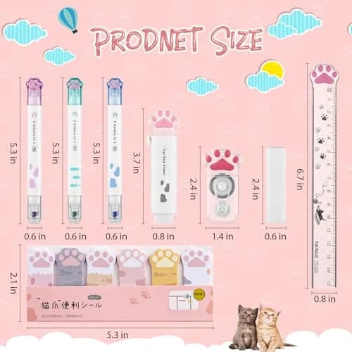 Kogcmeetl Cute Cat Paw Stationery Set White | Eraser Correction Tape Highlighters Sticky Notes Ruler thumbnail 2