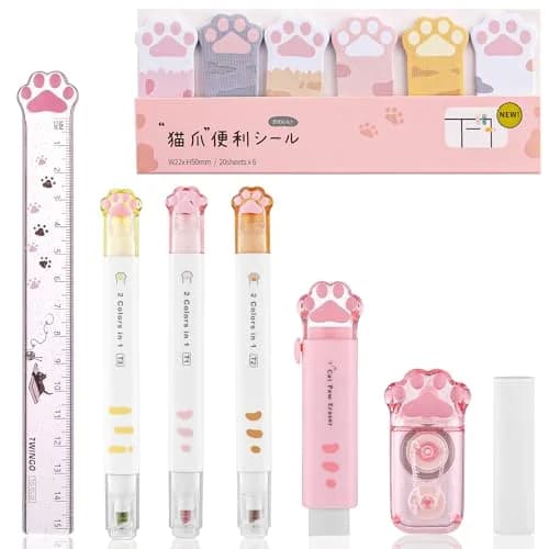 Kogcmeetl Pink 8 Pcs Cute Cat Paw Stationery Set | Eraser Correction Tape Highlighters Sticky Notes Ruler for Cat Lovers Students thumbnail 1