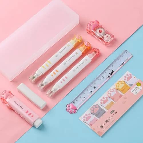 Kogcmeetl Pink 8 Pcs Cute Cat Paw Stationery Set | Eraser Correction Tape Highlighters Sticky Notes Ruler for Cat Lovers Students thumbnail 6