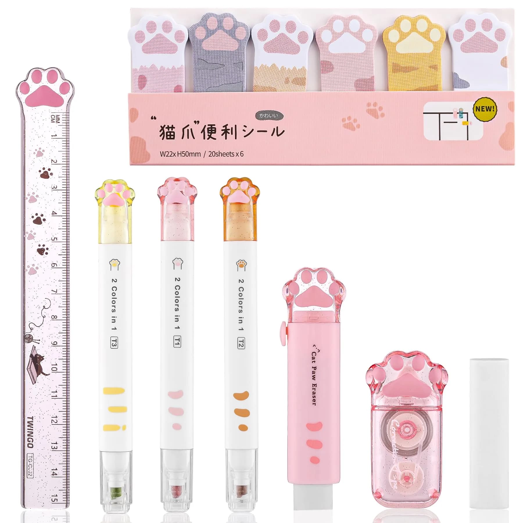 Kogcmeetl 9 Pcs Cute Cat Paw Stationery Set White | Retractable Eraser, Correction Tape, Sharpener, Ruler, Scissors, Knife, Sticky Notes — Style D (Pink)