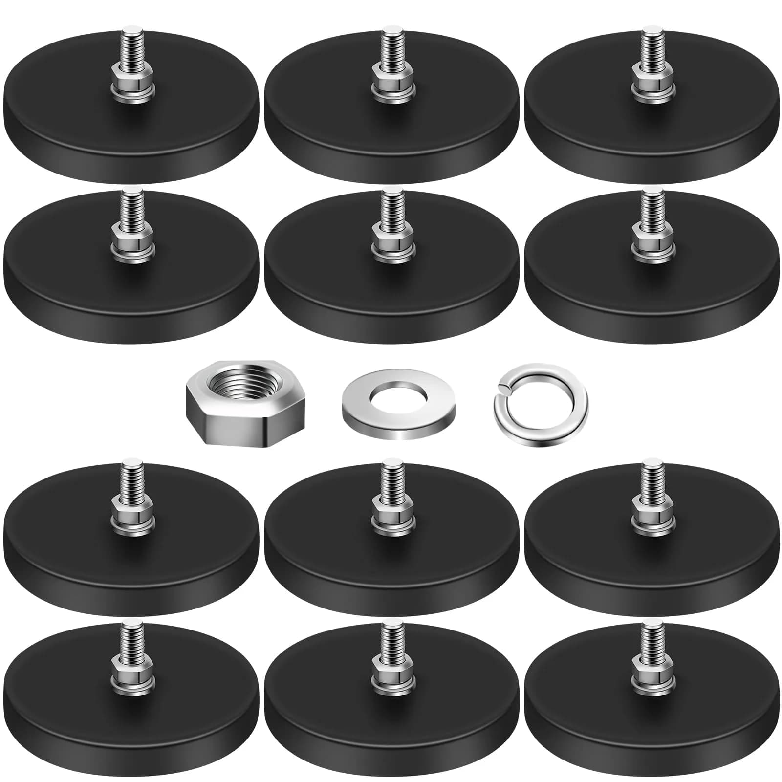 DIYMAG Rubber Coated Neodymium Magnets 2.6in Diameter, 65lb Pull Force, 12-Pack | M6 Threaded Studs & Nuts Included