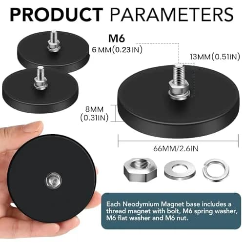DIYMAG Rubber Coated Neodymium Magnets 2.6in Diameter, 65lb Pull Force, 12-Pack | M6 Threaded Studs & Nuts Included thumbnail 2