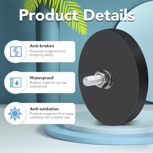 DIYMAG Rubber Coated Neodymium Disc Magnets 6.6cm (2.6in) Diameter, 65lb Pull Force, 6-Pack | Heavy Duty Magnetic Mounts with M6 Threaded Studs thumbnail 4