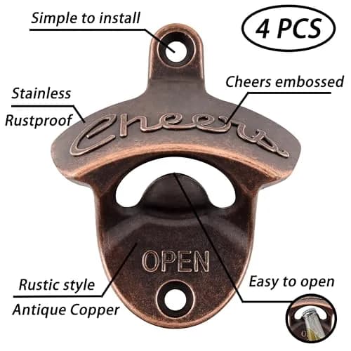 Luwanburg Cheers Wall Mounted Bottle Opener Antique Copper | Unique Soda Cap Tool (70-120c) thumbnail 2
