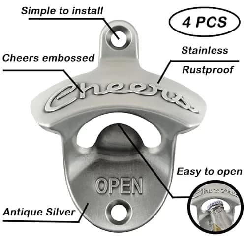 Luwanburg Wall Mounted Bottle Opener Cheers Beer Cap Opener Post Mounted Antique Silver (Pack of 4) | Rustproof Stainless Steel Decor thumbnail 2