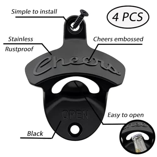 Luwanburg Cheers Wall Mounted Bottle Opener Black | Unique Beer Cap Decor & Effortless Use thumbnail 2