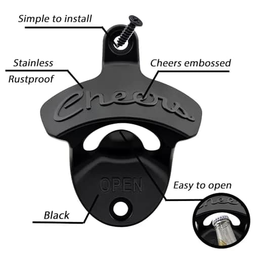Luwanburg Black Beer Bottle Cap Opener Wall Mounted Cheers Stainless | Rustproof Zinc Alloy Decor & Utility thumbnail 2