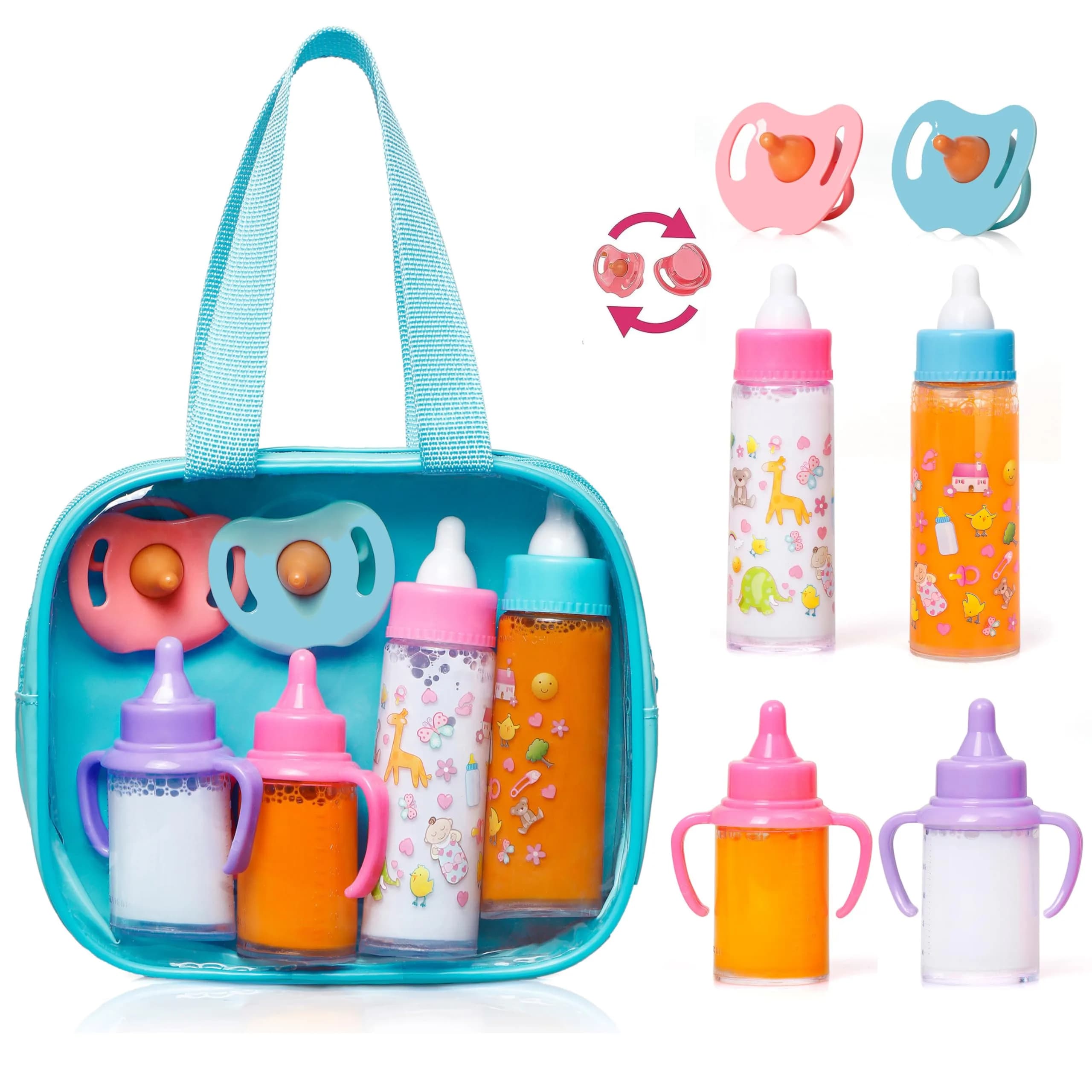 fash n kolor My Sweet Baby Disappearing Doll Feeding Set with 2 Milk Bottles, 2 Juice Bottles, 2 Pacifiers & Toy Bag | Ages 3+