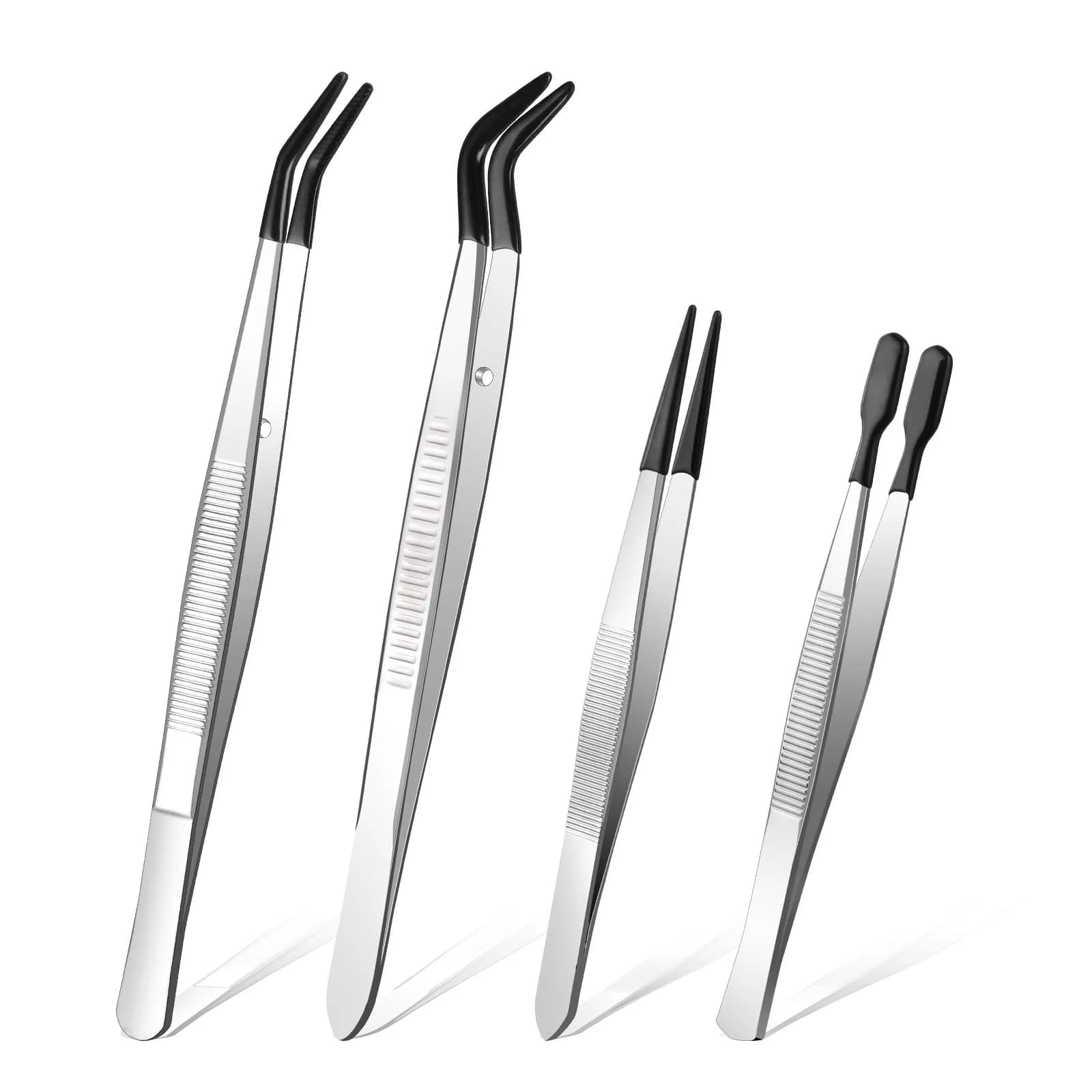 Ainiv 4pcs Tweezers with Rubber Tips | Precision Stainless Steel for Beauty & DIY