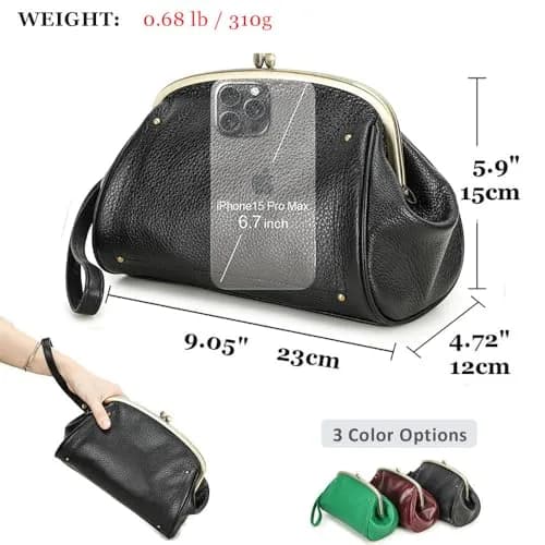 CONTACTS Large Leather Evening Clutch Bag for Women | Vintage Kiss Lock Purse with Detachable Wristlet (Black) thumbnail 3