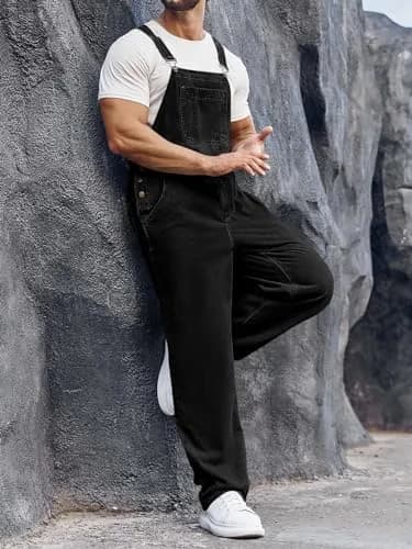 Runcati Men's Black Denim Bib Overall Jean Romper Trousers Slim Fit Jumpsuit with Adjustable Straps (Size Medium) thumbnail 4