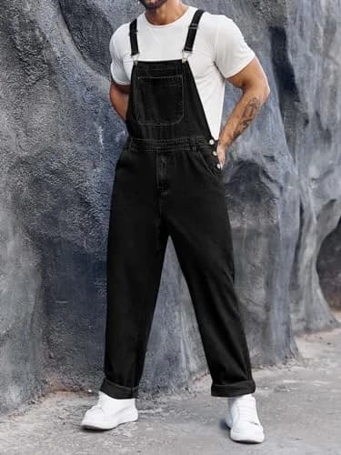 Runcati Men's Black Denim Bib Overall Jean Romper Trousers Slim Fit Jumpsuit with Adjustable Straps (Size Medium) thumbnail 3