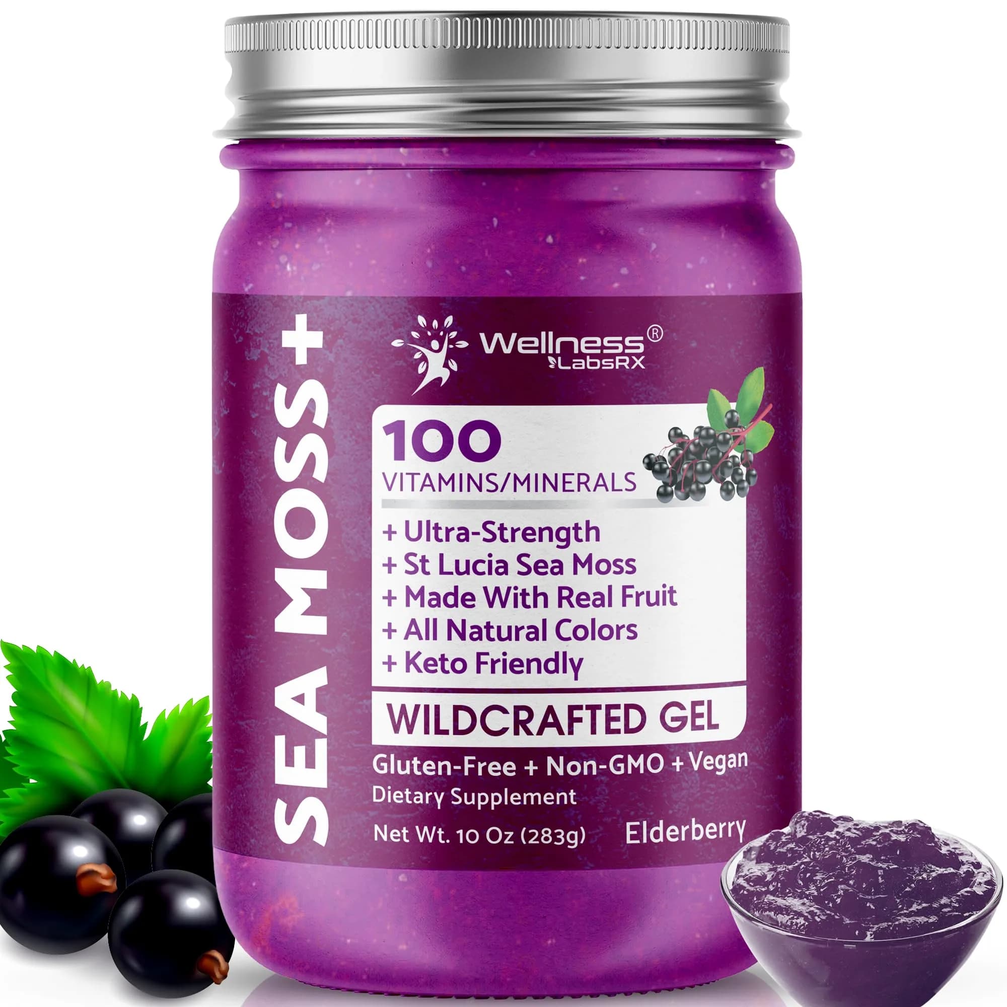 WELLNESS LABSRX Strawberry Sea Moss Gel 300ml (10 Fl Oz) | Nutrient-Rich Superfood for Wellness — Elderberry