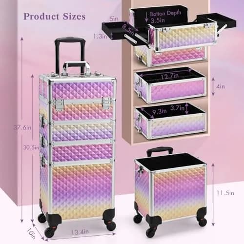Yueieoun Makeup Case on Wheels, 4-in-1 Rolling Trolley, Gradient Purpple | Professional Makeup Travel Cart thumbnail 6
