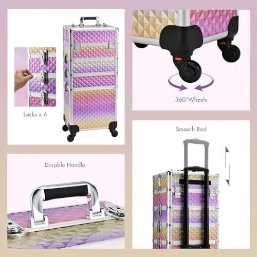 Yueieoun Makeup Case on Wheels, 4-in-1 Rolling Trolley, Gradient Purpple | Professional Makeup Travel Cart thumbnail 7