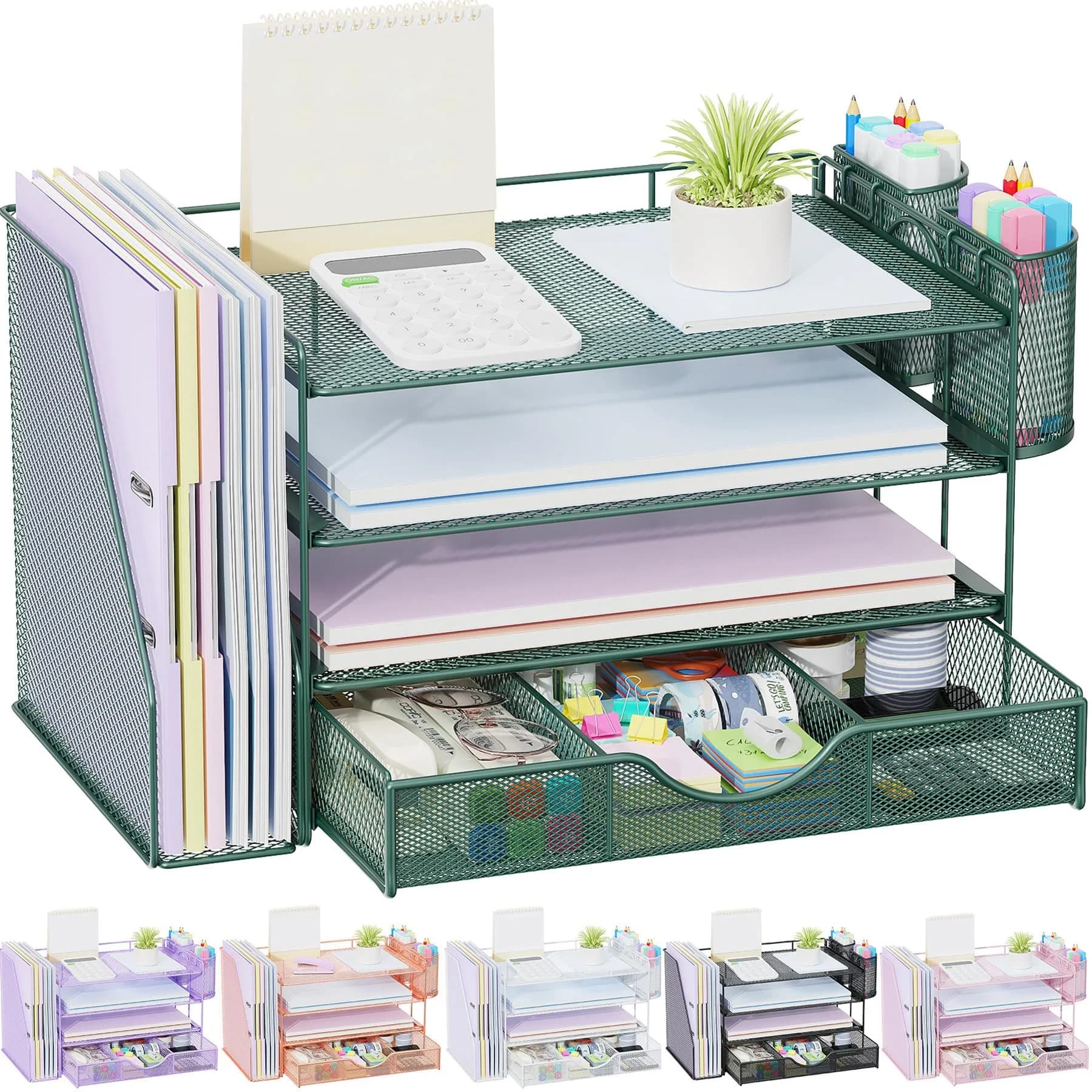 gianotter 4-Tier Desk Organizer with Drawers, File Holders, Letter Trays and Pen Holders - Workspace Accessories for Office Supplies (Green) | Modern Style - main product image