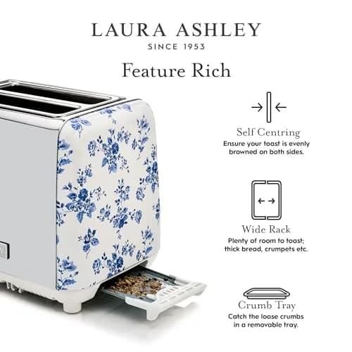 Laura Ashley China Rose 2 Slice Toaster | Wide Slot, Even Browning, 7 Levels, Compact Design thumbnail 7