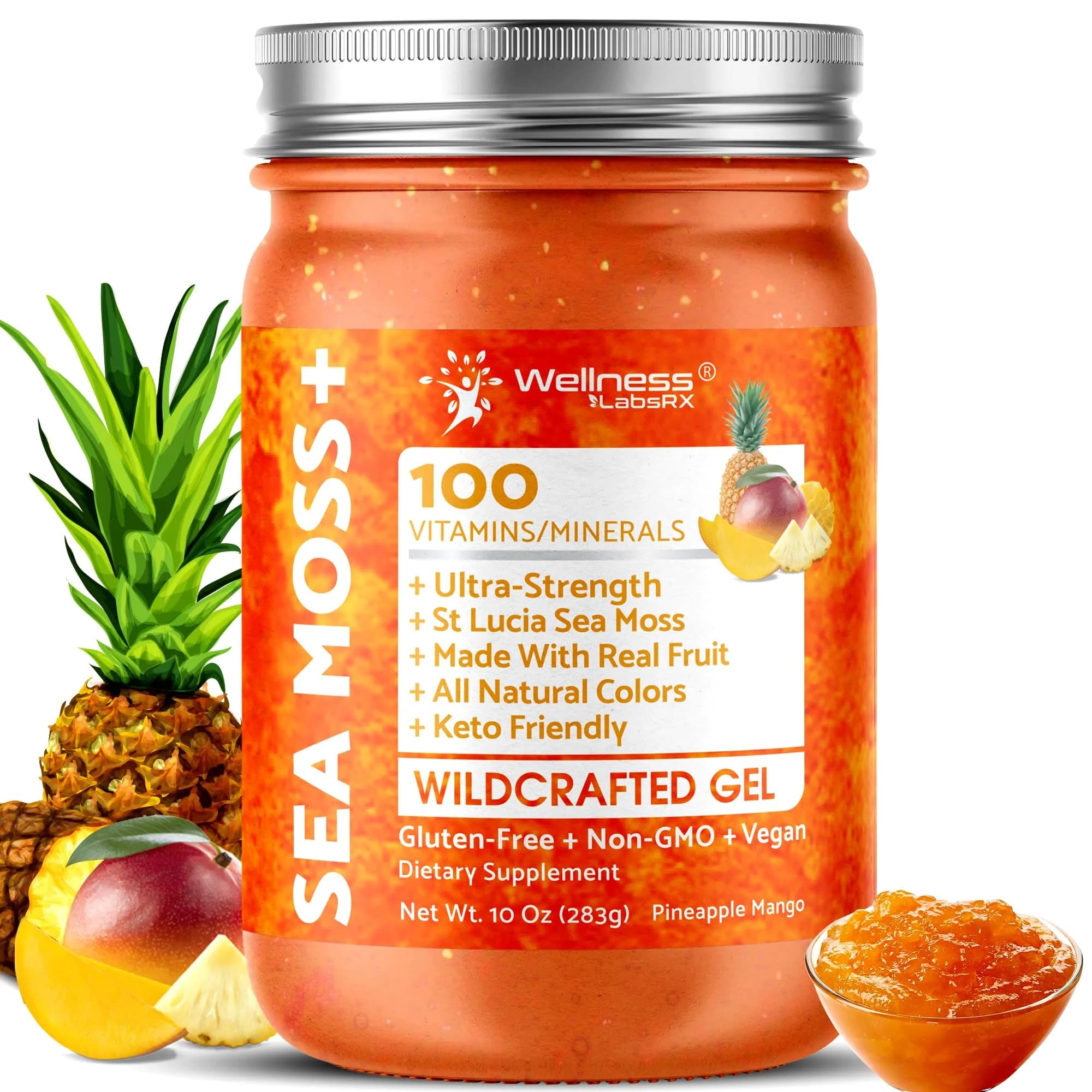 WELLNESS LABSRX Strawberry Sea Moss Gel 300ml (10 Fl Oz) | Nutrient-Rich Superfood for Wellness — Pineapple Mango