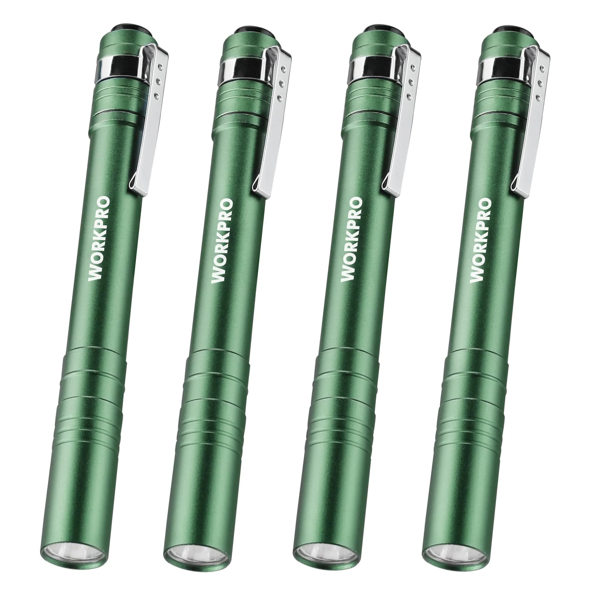 WORKPRO LED Pen Light, Aluminum Pen Flashlight with Clip, 4-Pack (30g/1.05 oz each) | Bright Inspection Light for Mechanics & Outdoor Use — Green
