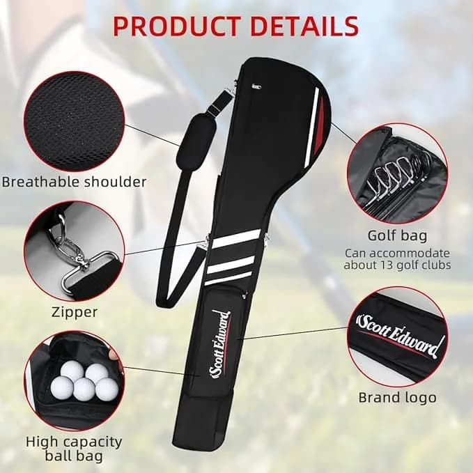 Scott Edward Foldable Golf Club Carry Bag, Portable Sunday Pencil Bag, Lightweight Waterproof Training Case, Holds 7-12 Clubs (Black White Red, 122cm/48in) thumbnail 4