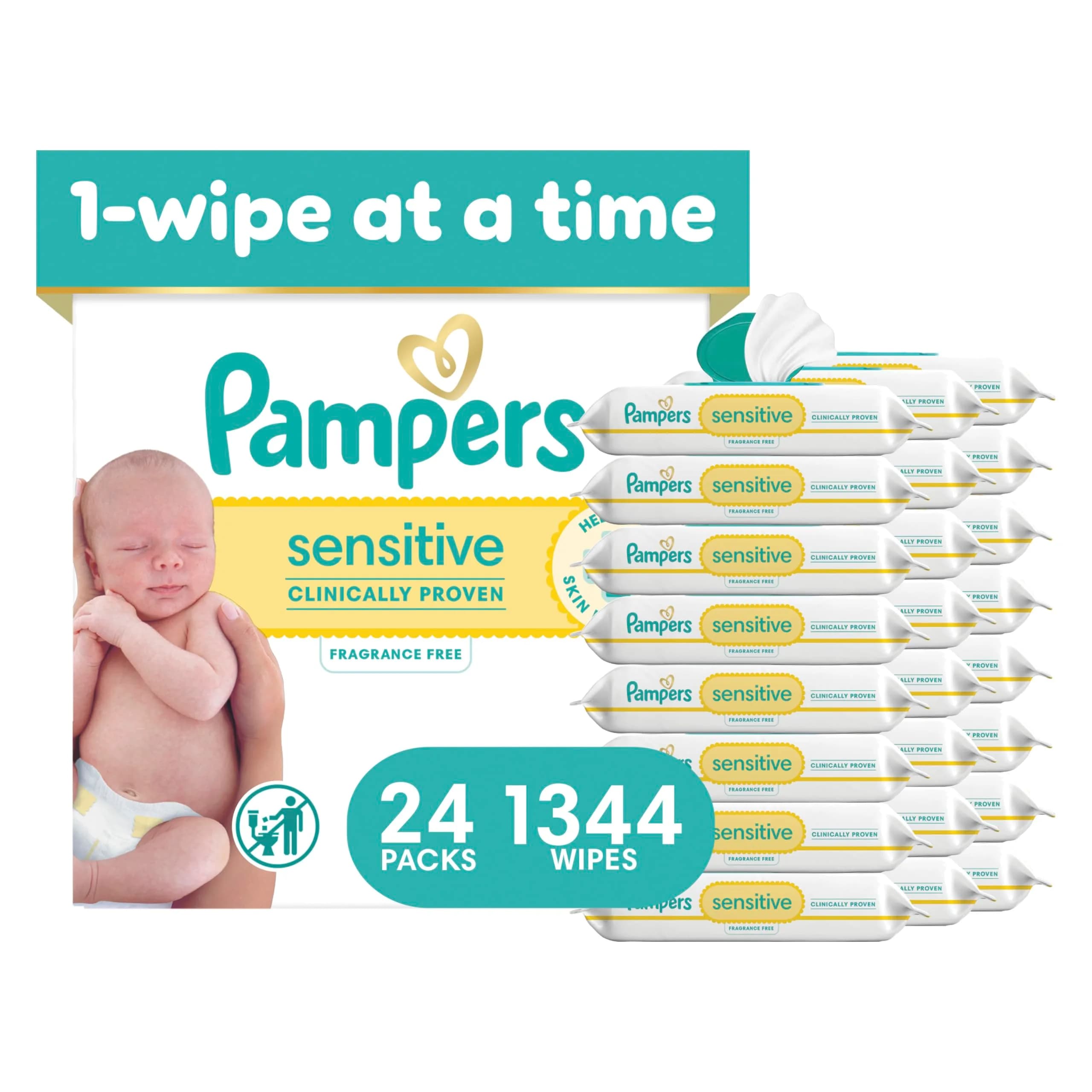 Pampers Sensitive Baby Wipes, Hypoallergenic, Fragrance-Free, 1344 Wipes (24 Packs) | Clinically Proven for Sensitive Skin