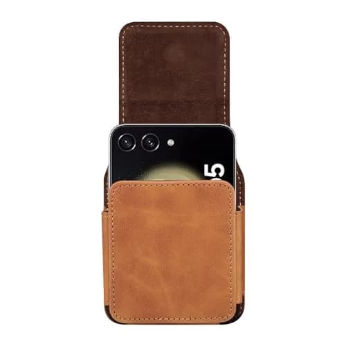 ZZ HZYISIDA Faux Leather Phone Holster Pouch Belt Clip for Motorola Razr+ 2025/2024, Razr 50 Ultra, Samsung Galaxy Z Flip 6/5/4, Brown | Fits Phones Up to 6.7 Inches thumbnail 3