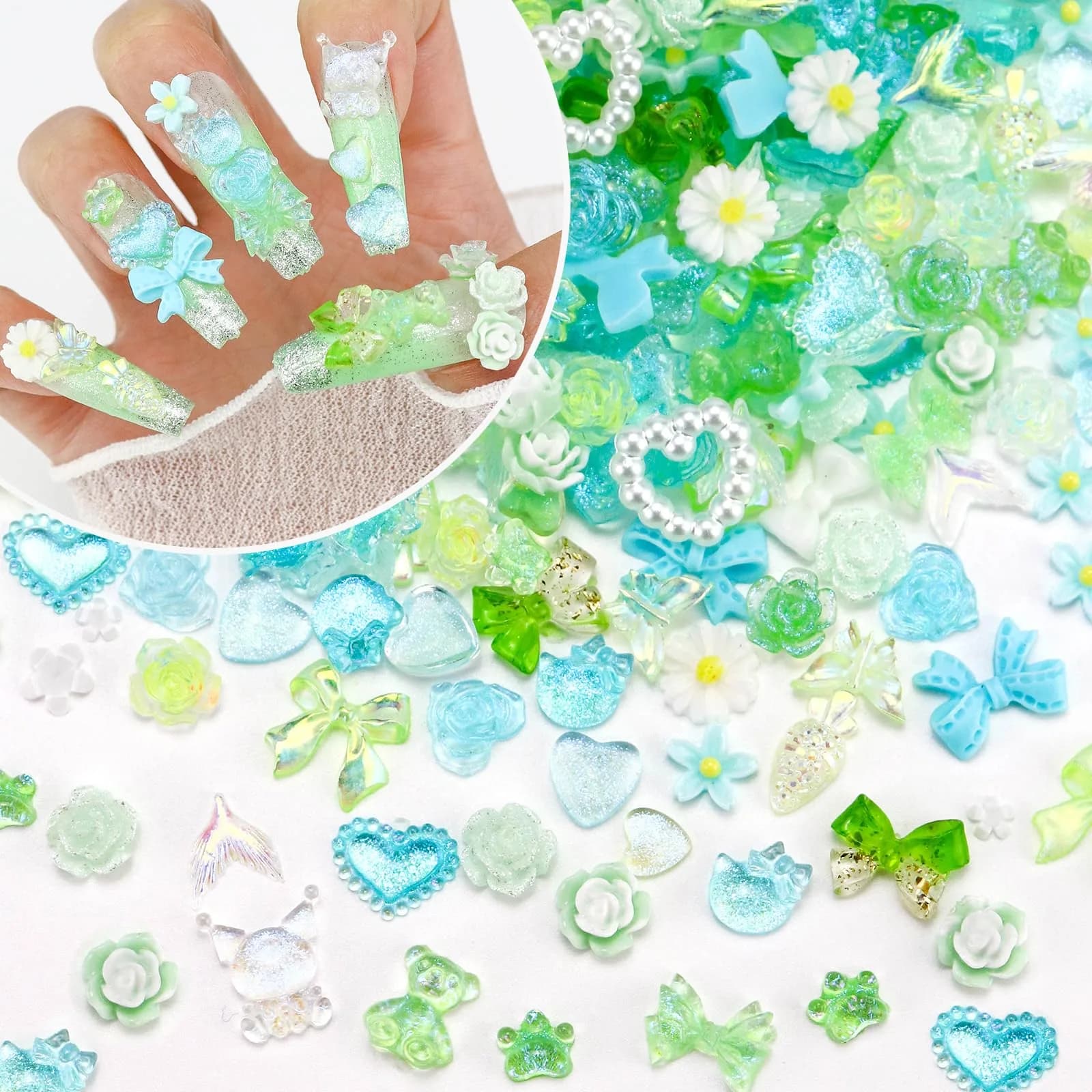 Briskbloom 320PCS Yellow Assorted 3D Nail Charms | Cute Flower Bow & Heart Shapes for Nail Art & DIY Crafts — 04-Green Paradise Blend