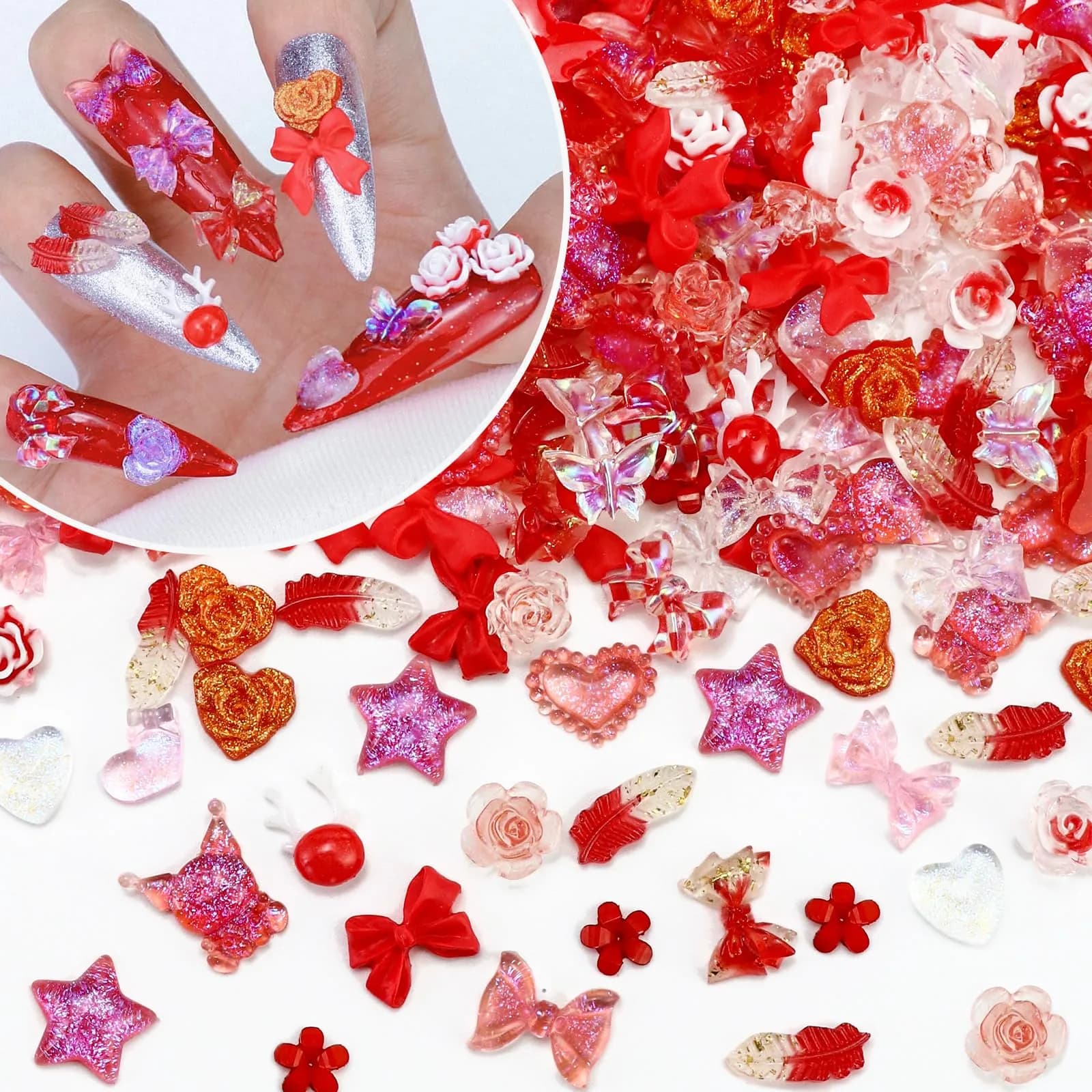 Briskbloom 320PCS Yellow Assorted 3D Nail Charms | Cute Flower Bow & Heart Shapes for Nail Art & DIY Crafts — 08-Red Romance Blend
