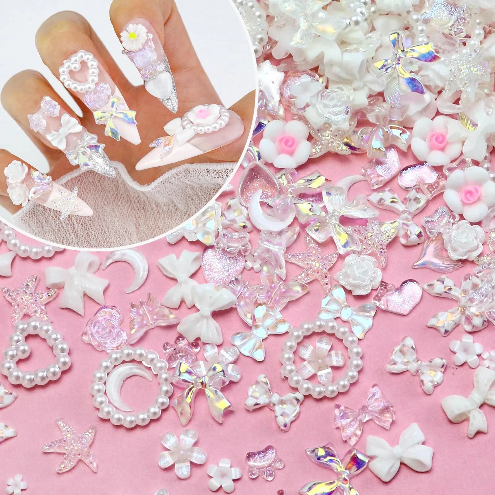 Briskbloom 320PCS Yellow Assorted 3D Nail Charms | Cute Flower Bow & Heart Shapes for Nail Art & DIY Crafts — 01-White Princess Blend