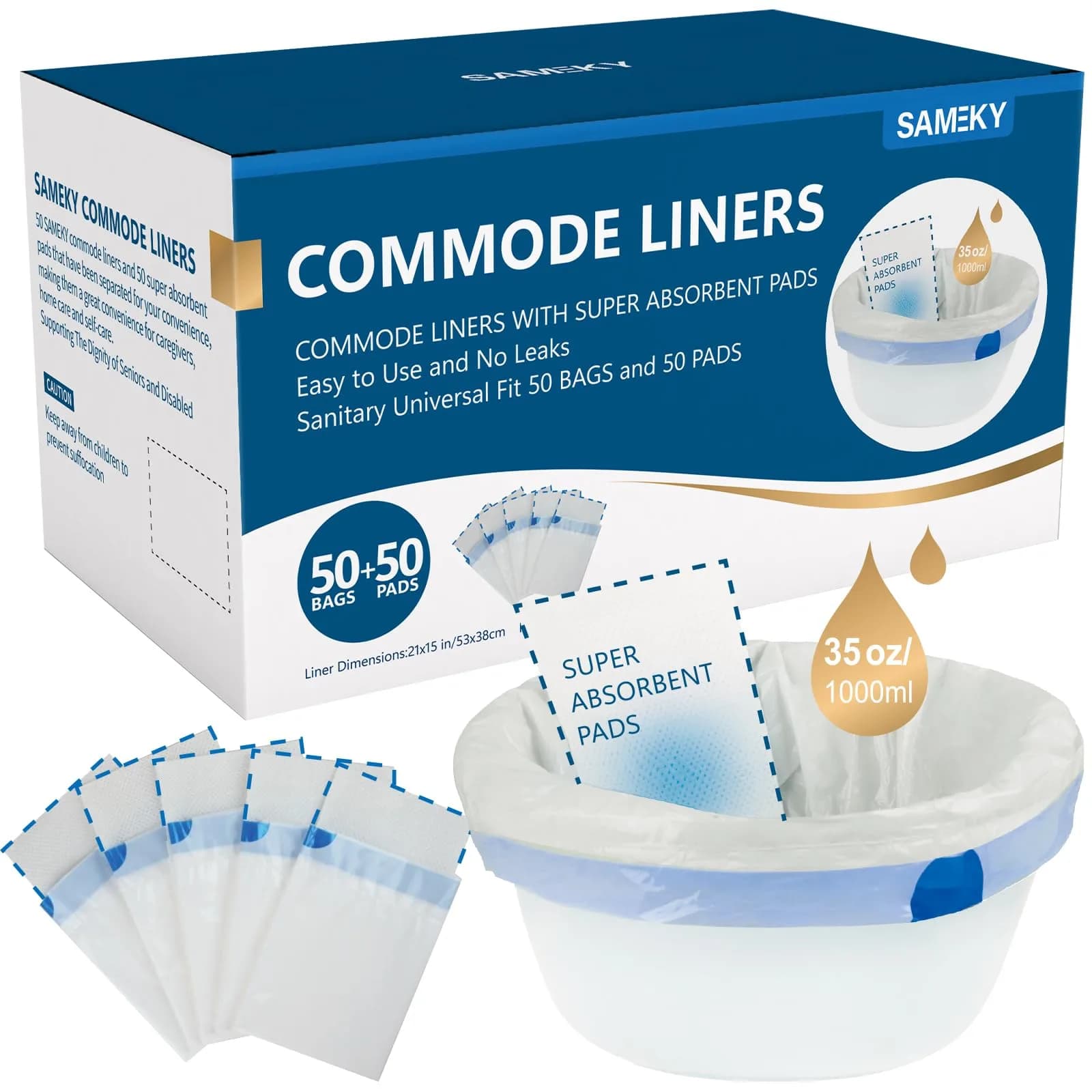Sameky Commode Liners with Absorbent Pads | Leak-Proof, 35oz Capacity, Universal Fit