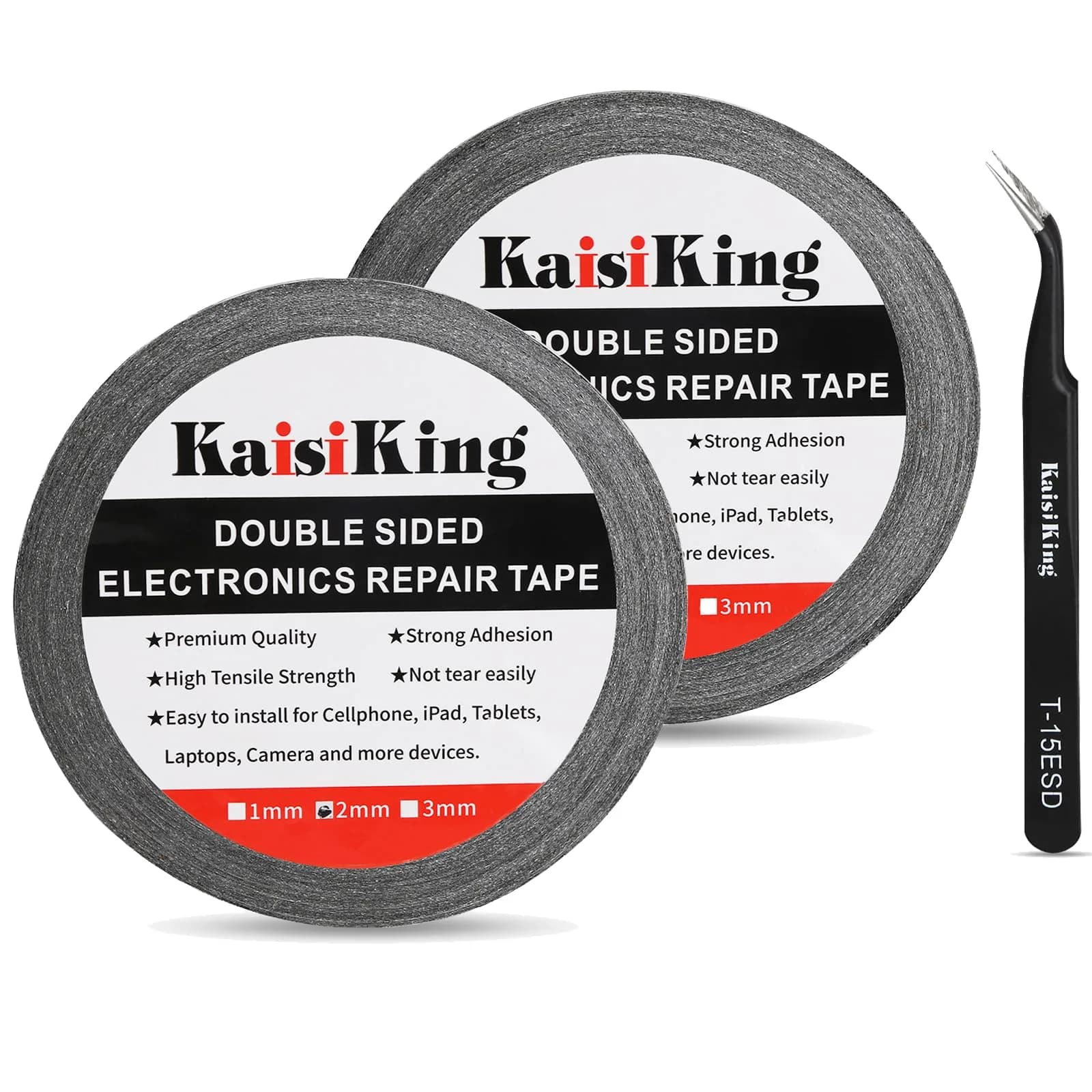 Kaisiking 2mm LCD Repair Tape for Phone Screen | Waterproof Adhesive Tape with Tweezers, 50M — Black