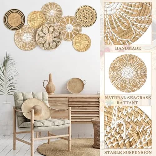 Xuhal 8 Pcs Boho Wall Basket Decor Set 17.8 cm - 32 cm | Hand-Woven Natural Aesthetic thumbnail 5