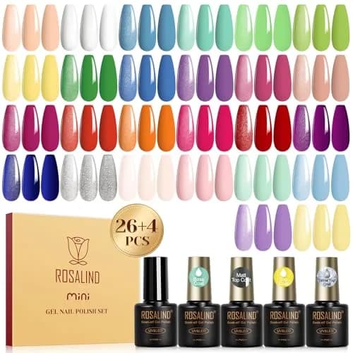 ROSALIND 30PCS Pastel Gel Nail Polish Set, 5ml (0.17 Fl Oz) Each | 26 Bright Neon Colors with Base & Glitter Top Coats thumbnail 1
