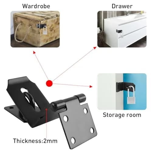 HOWDIA 90 Degree Hasp Latch 6.3cm (2.48 Inch) | Stainless Steel Black Safety Lock for Doors thumbnail 3