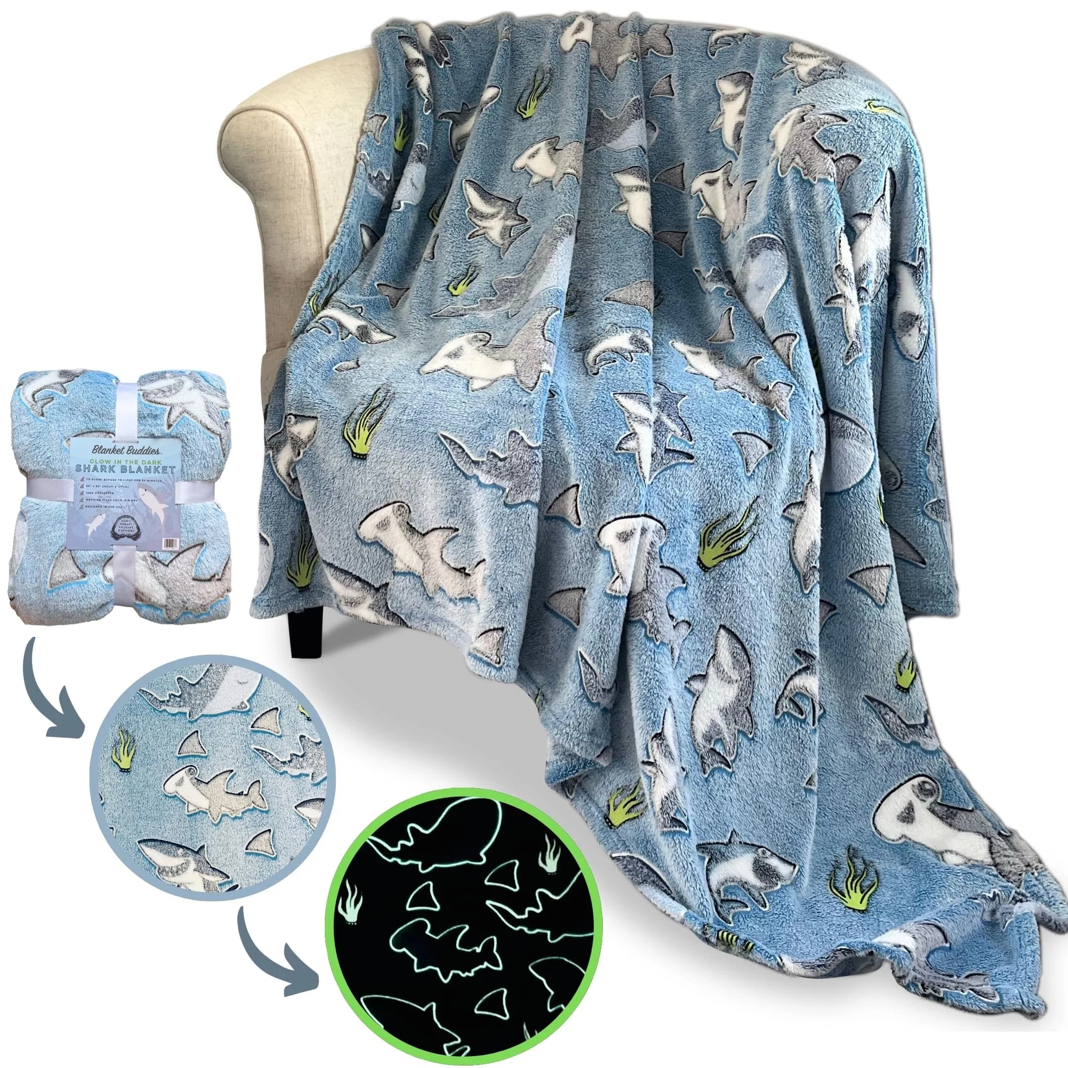 Blanket Buddies Glow in The Dark Shark Fleece Throw Blanket 127cm x 152cm (50" x 60") | Soft, Lightweight, Warm for Boys & Girls - main product image