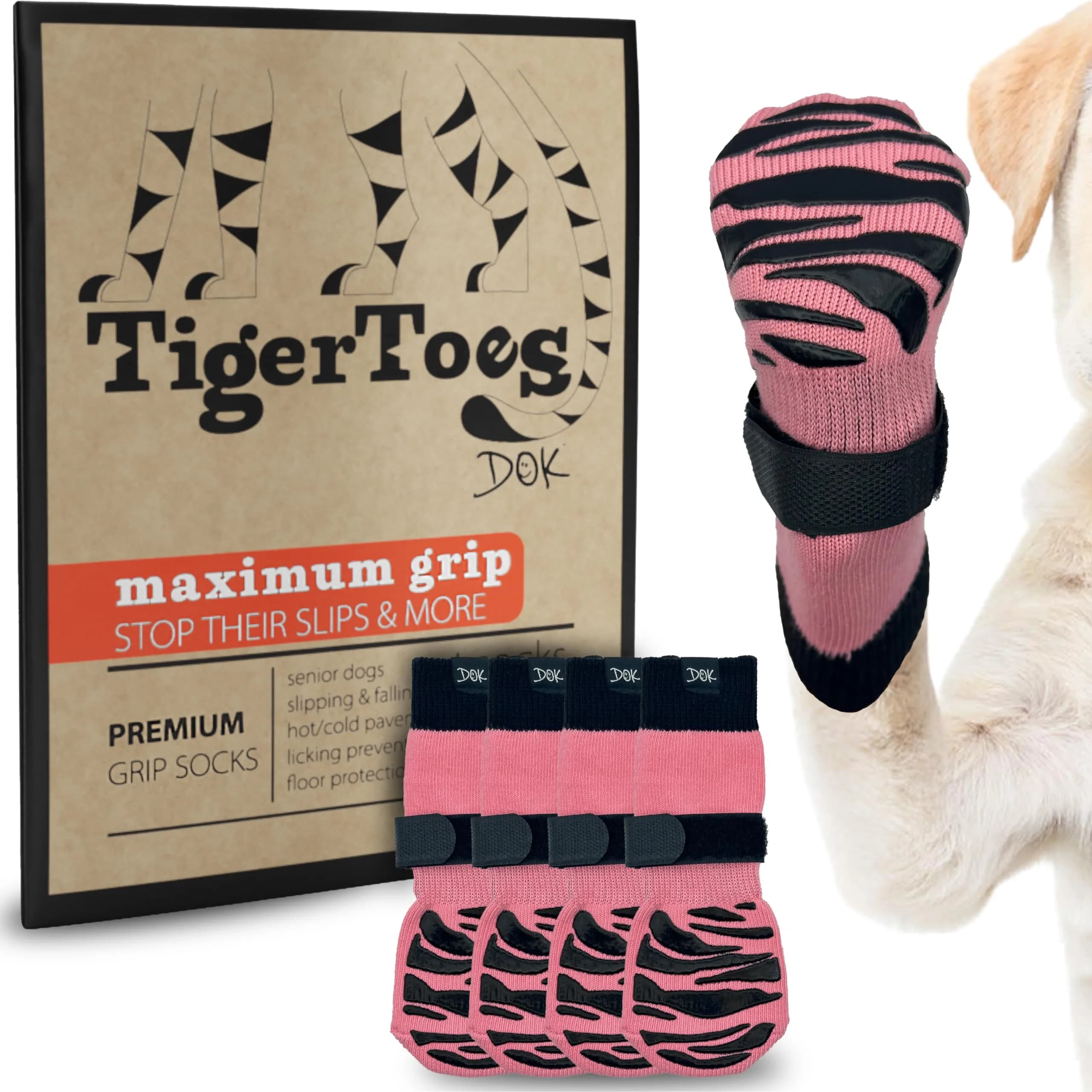 DOK TigerToes Non-Slip Dog Socks XL (2.9"-3.4" Paw Width) | 4-Pack for Hardwood Floors & Hot Pavement