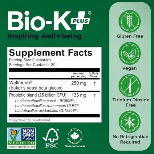 Bio-K+ Immune Health Probiotic, Wellmune®, 25B CFU, Vegan, 60 Capsules | Supports immune & gut health thumbnail 6
