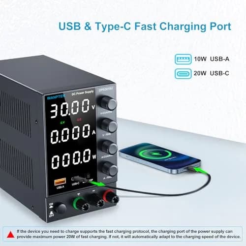 WANPTEK POWER DC Power Supply 0-30V 0-10A | Adjustable Bench Regulated Power Supply with USB & Type-C thumbnail 4