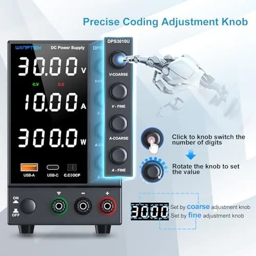 WANPTEK POWER DC Power Supply 0-30V 0-10A | Adjustable Bench Regulated Power Supply with USB & Type-C thumbnail 2