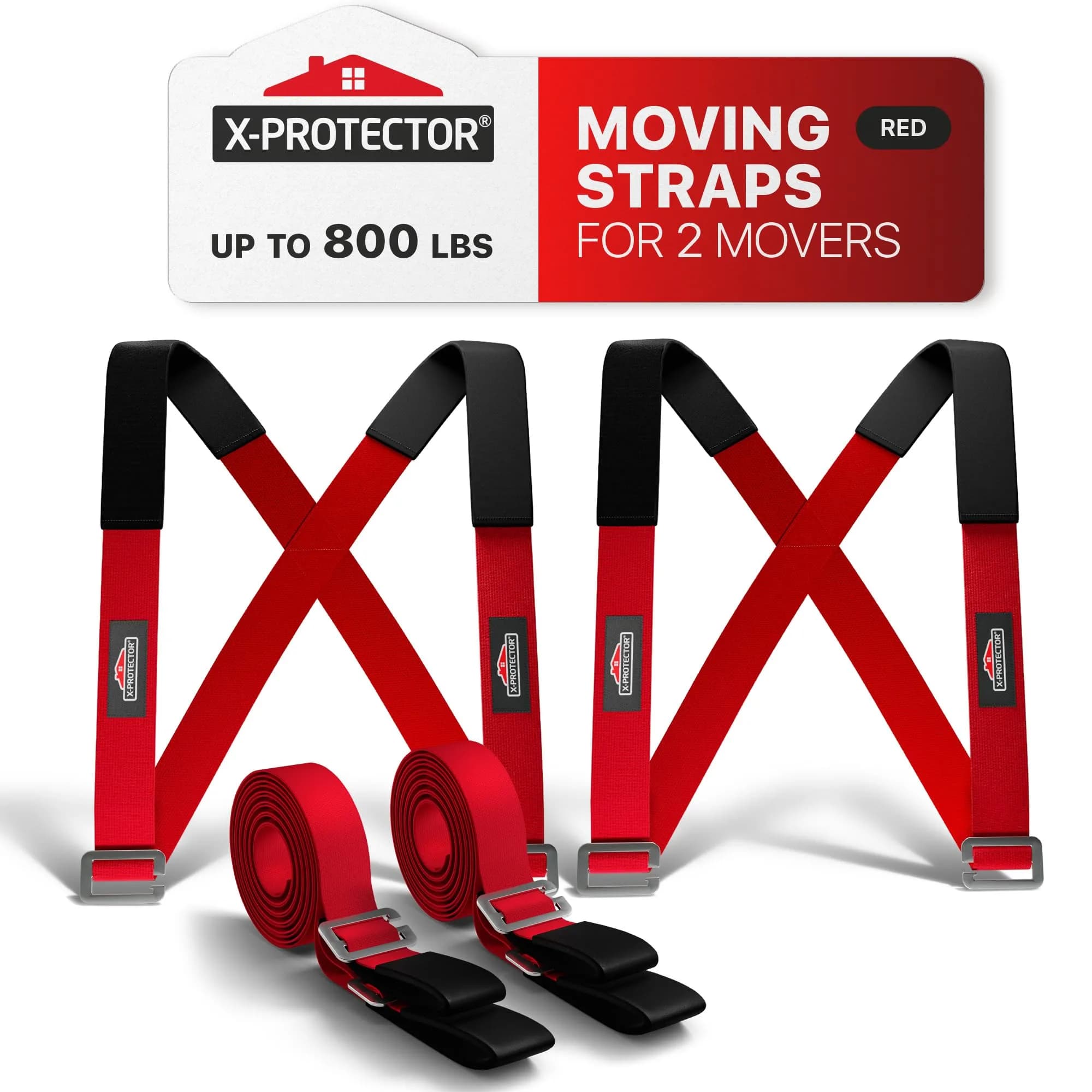 X-Protector Red Lifting Straps for 2 Movers - 2 Pairs (9.83 ft / 3 m) | Heavy Duty Moving Straps for Furniture & Appliances
