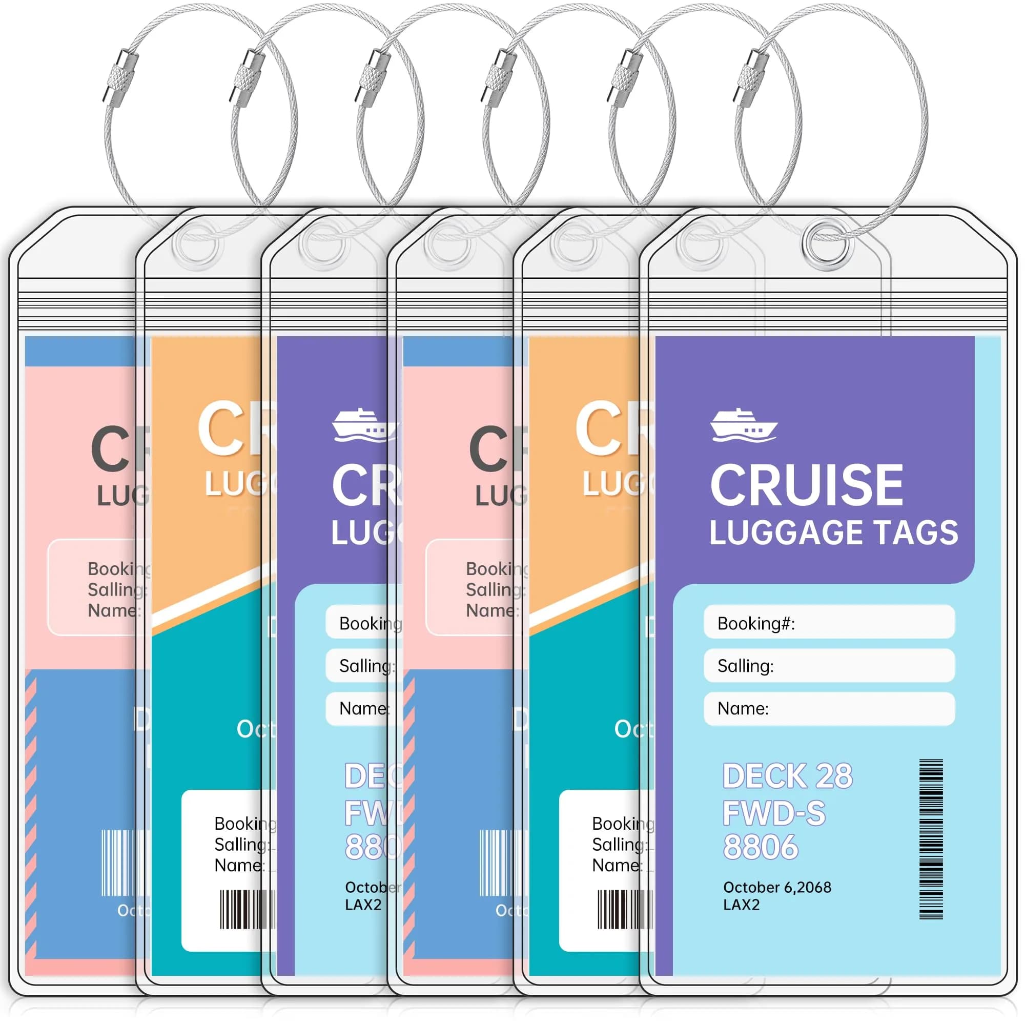 Teskyer Clear Cruise Luggage Tag Holder, Wide, 5 Pack | Waterproof PVC with Zipper & Steel Loop — 6-Pack